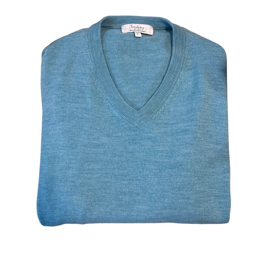 Turnbury Blue Fine Merino Wool V-Neck Pullover Sweater easter golf, Men's Large - Picture 1 of 6